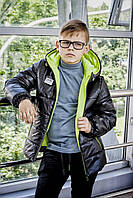 Куртка для мальчика детская демисезонная с капюшоном 8-12л весна осень черная с салатовым