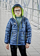 Куртка для мальчика детская демисезонная с капюшоном 8-12л весна осень синяя с салатовым