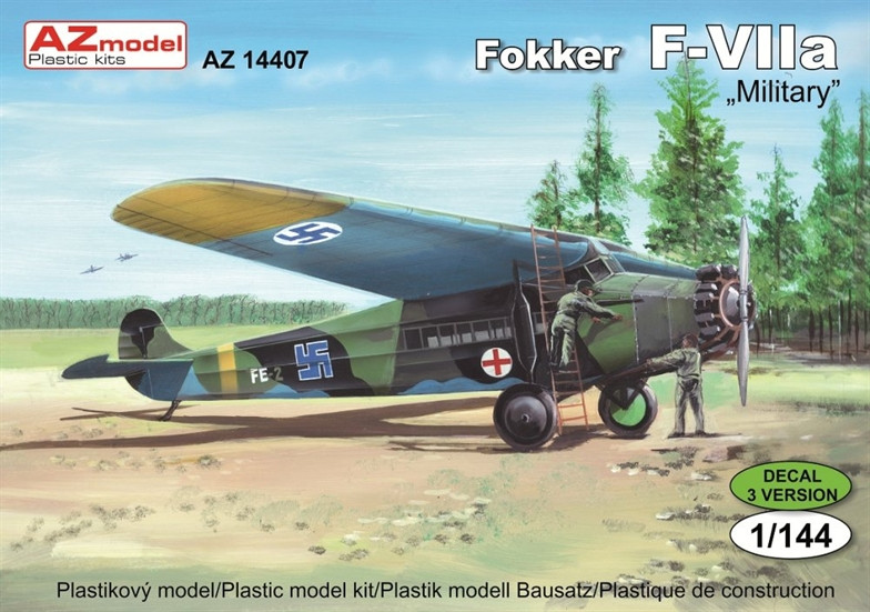 Пластикова модель 1/144 AZ model 14407 пасажирський літак Fokker F.VIIa Military (3x decal versions), фото 1