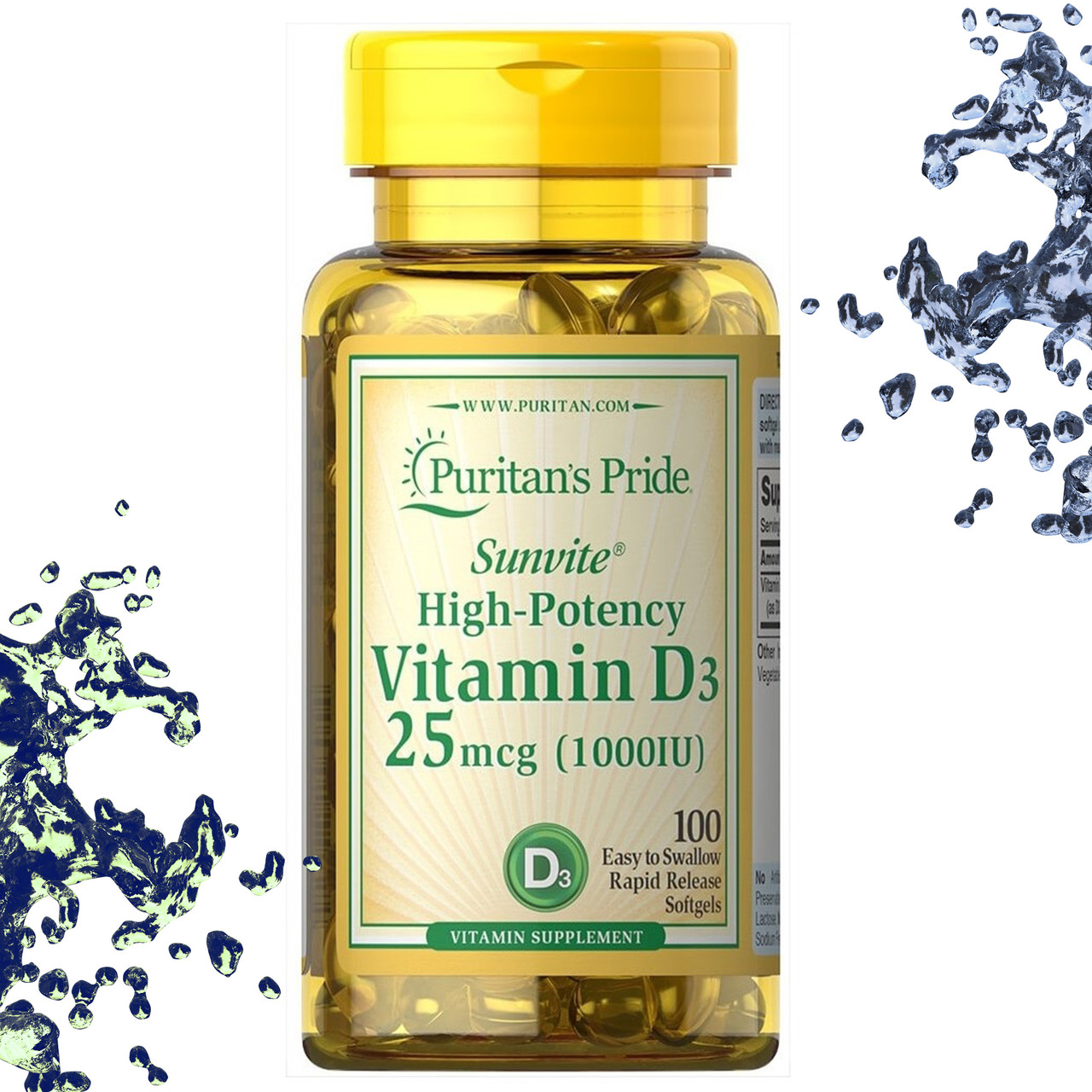 Вітамін Д3 Puritan's Pride Vitamin D3 25 мкг (1000 IU) 100 гелевих капсул, фото 1