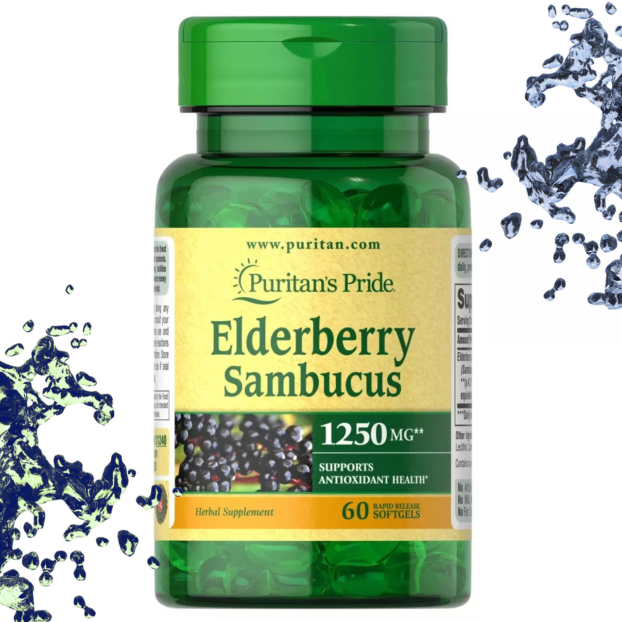 Бузина Puritan's Pride Eldelberry Sambucus 1250 мг 60 гелевих капсул