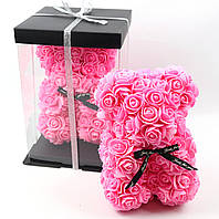 Мишка 3D из роз 25 см в подарочной коробке Розовый