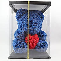 Мишка из 3D роз с сердечком в подарочной коробке 40 см Синий
