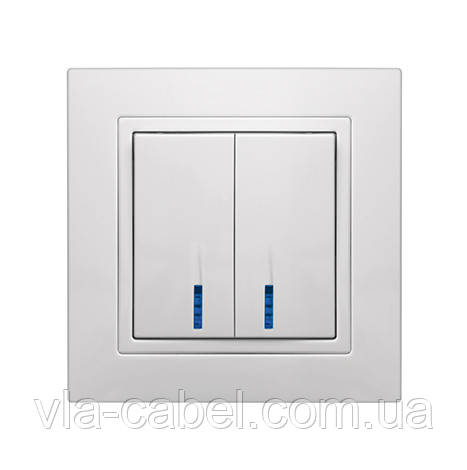 Вимикач 2-х клавішний внутрішній з підсвіткою / індикацією білий ЕЛЕГАНТ MARSHEL Туреччина, фото 1
