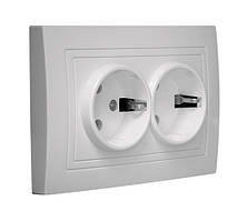 Розетка 2-а подвійна з заземленням внутрішня біла серія ЕЛЕГАНТ "MARSHEL" врізна Турція