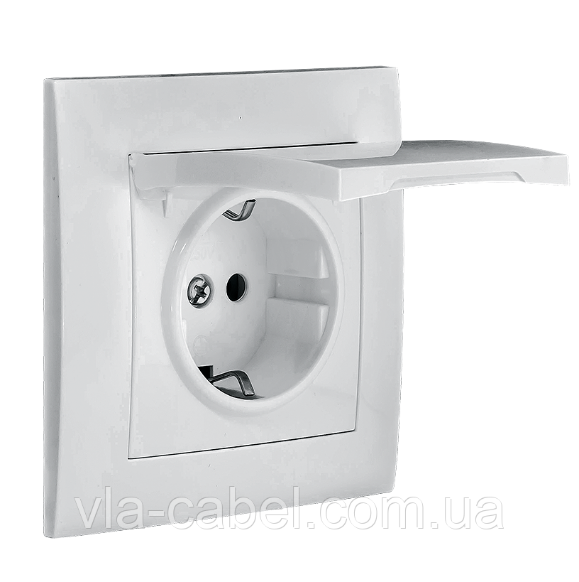 Розетка одинарна з заземленням бризкозахищена з кришкою біла IDEAL WHITE "MARSHEL" вбудована Турція, фото 1