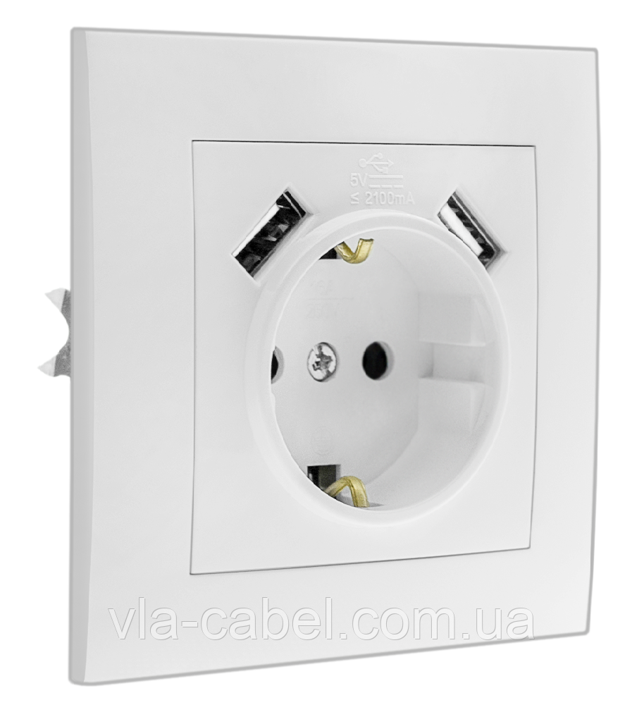 Розетка одномісна із заземленням та двома USB портами біла, серія IDEAL WHITE ТМ "MARSHEL"
