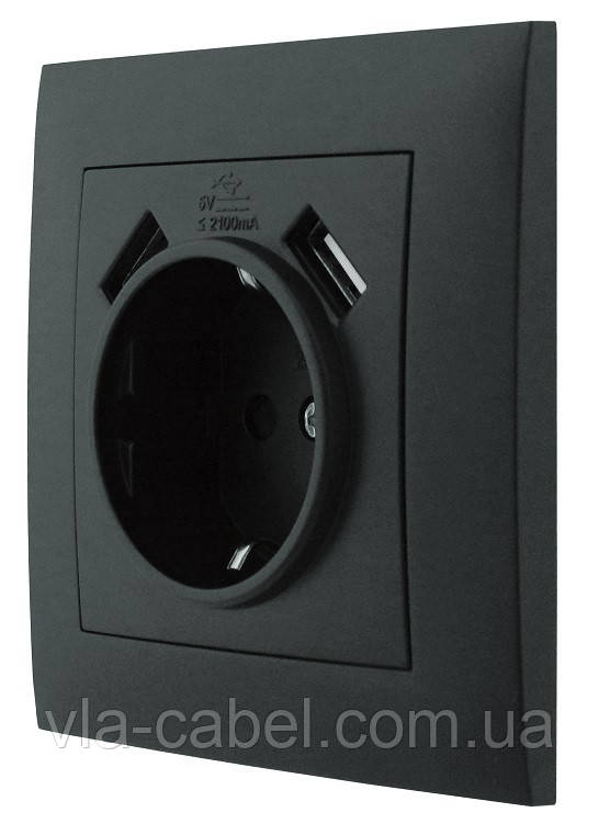 Розетка одномісна із заземленням та двома USB портами серія "IDEAL BLACK" ТМ "MARSHEL" чорна