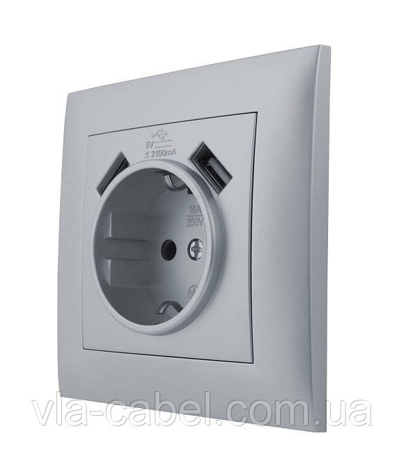 Розетка одномісна із заземленням та двома USB портами срібло, серія IDEAL SILVER ТМ "MARSHEL"