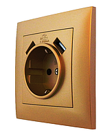 Розетка одномісна із заземленням та двома USB портами золото, серія IDEAL GOLD ТМ "MARSHEL"