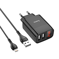 Сетевое зарядное устройство с дисплеем для телефона на 2USB + кабель Lightning HOCO C86A |2USB 2.4A| Черный