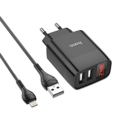 Мережевий зарядний пристрій з дисплеєм для телефону на 2USB + кабель Lightning HOCO C86A |2USB 2.4A| Чорний