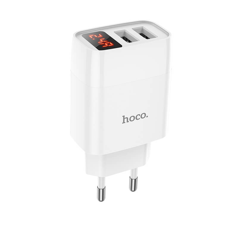 Мережевий зарядний пристрій з дисплеєм для телефону на 2USB HOCO C86A |2USB, 2.4A| Білий
