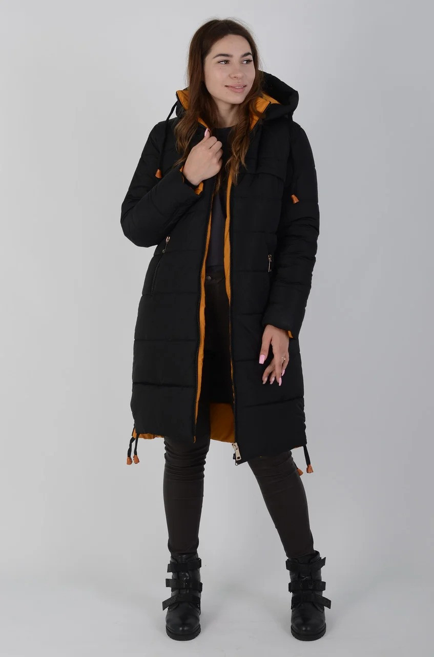 Жіночий чорний теплий зимовий пуховик з контрастною підкладкою, фото 1