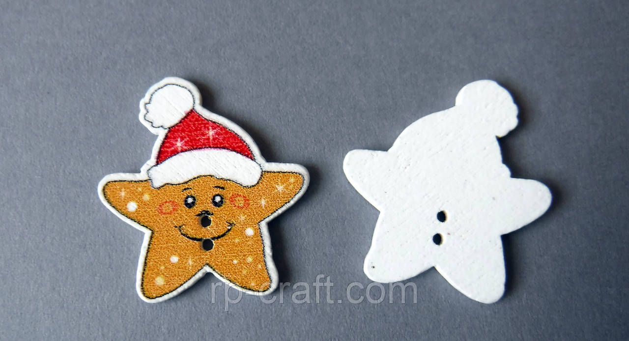 Пуговица деревянная, декоративная. Звезда в шапке, 25х26 мм, фото 1