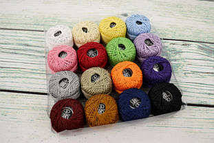 Нитки для вишивки ROSE Pearl №8 (для хардангеру), колір однотоний комплект 16 мотків різного кольору