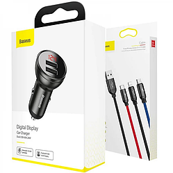 Автомобільний зарядний пристрій 2 USB 4,8 А 24 Вт із кабелем 1,2 м Type-C / MicroUSB / Lightning Baseus TZCCBX-0