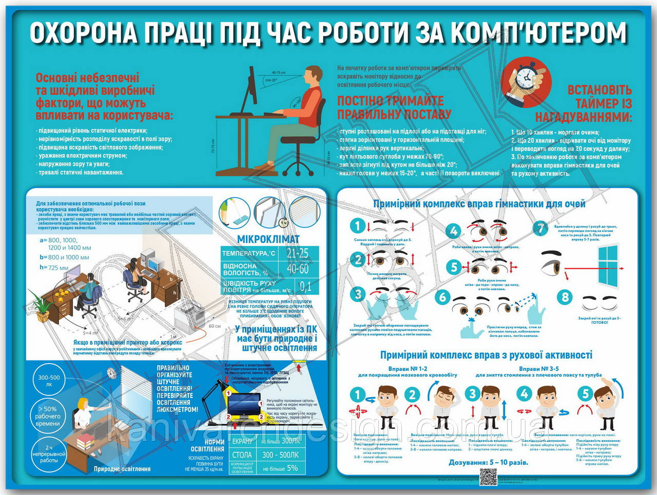 Стенд "Охорона праці під час роботи за комп'ютером" в кабінет ОХОРОНИ ПРАЦІ