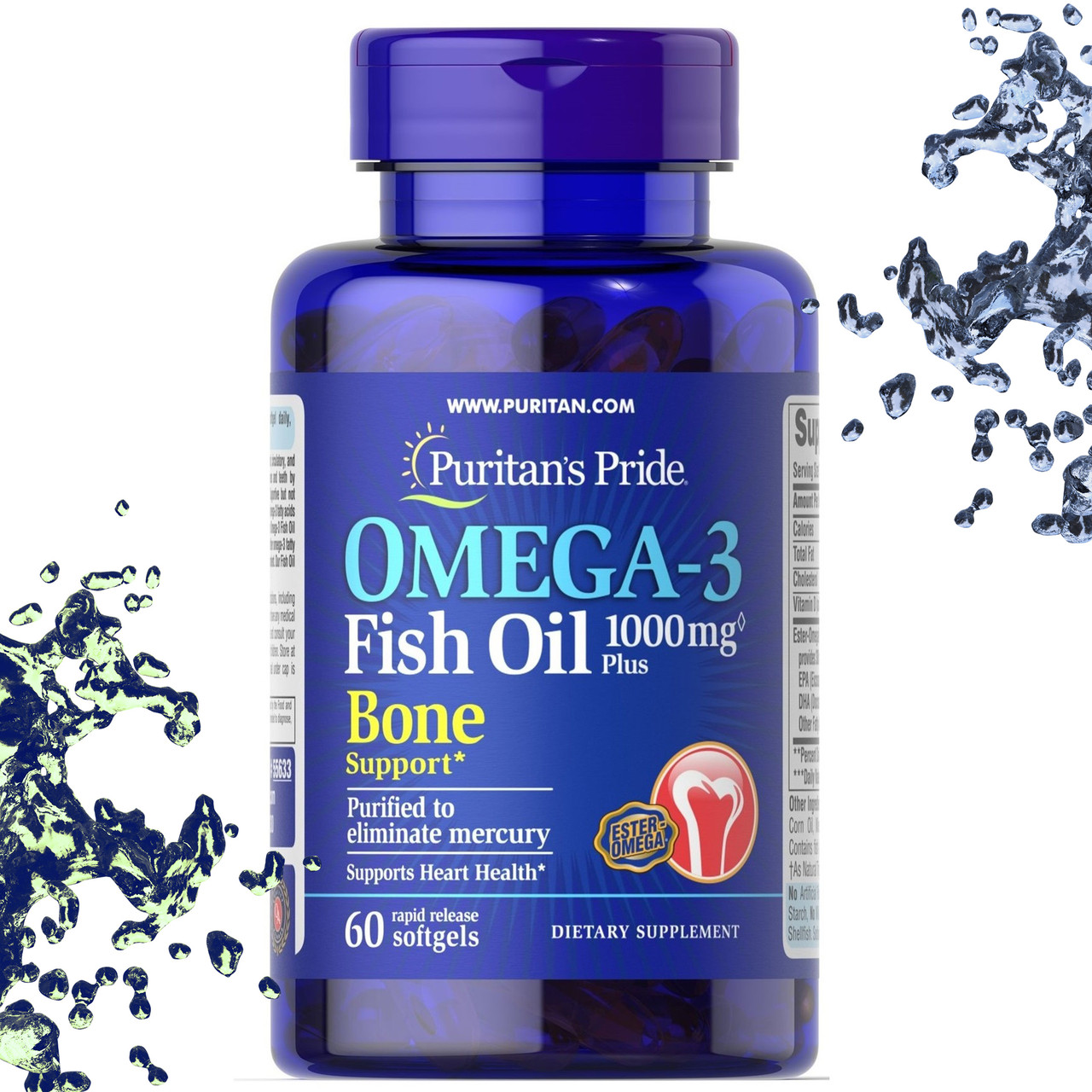 Риб'ячий жир Puritan's Pride Omega-3 Fish Oil 1000 мг + Підтримка кісток 60 гелевих капсул, фото 1