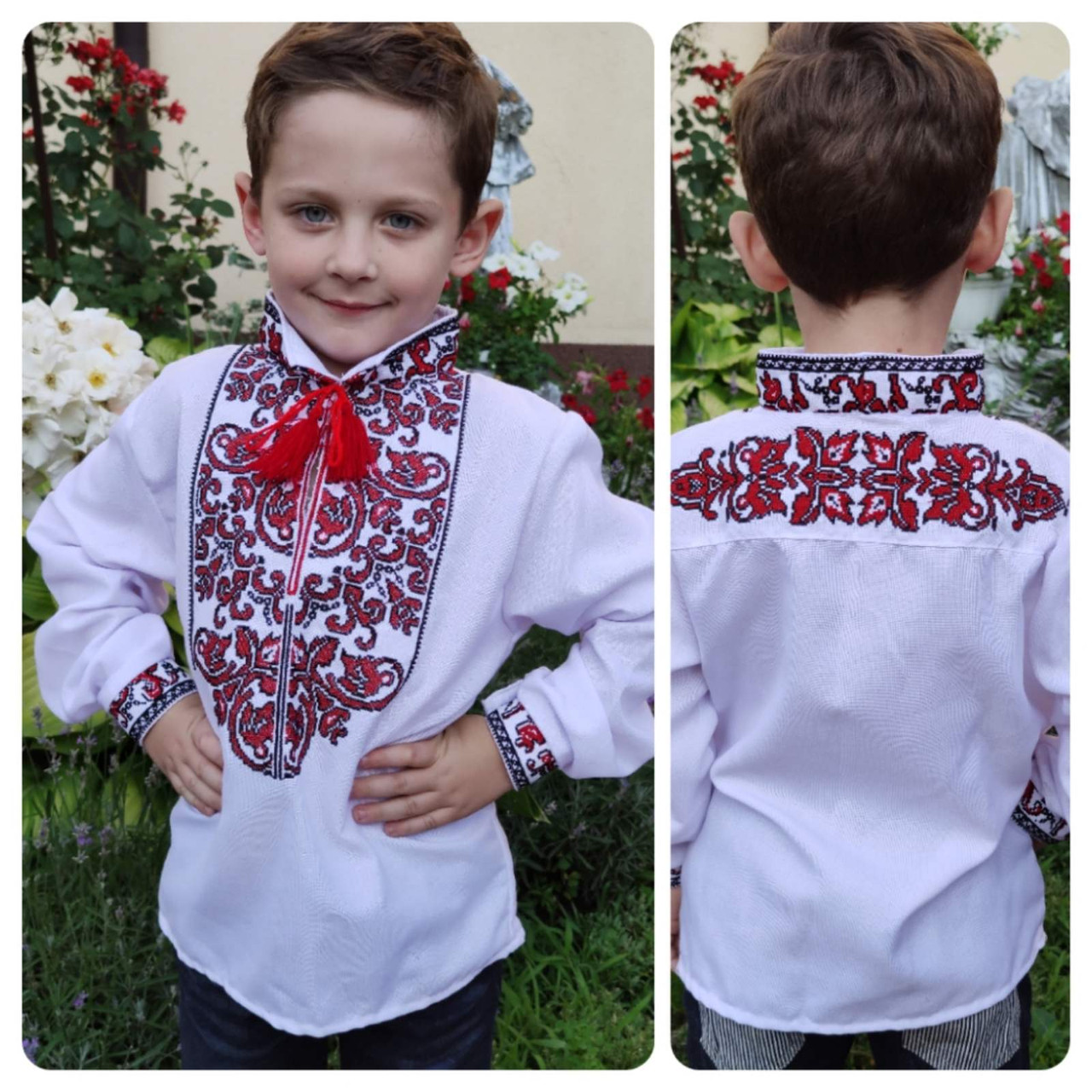 Вишиванка для хлопчика "Всеволод" з червоною вишивкою, на домостканому полотні, розміри 6-12 років, фото 1