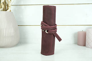 Шкіряний пенал "Скручування на 4 кишені", натуральна Вінтажна шкіра, колір Бордо, фото 3