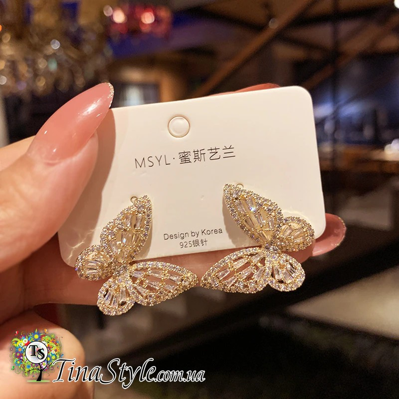 Сережки сережки висячі сережки протяжки метелик метелика колір золото, фото 1