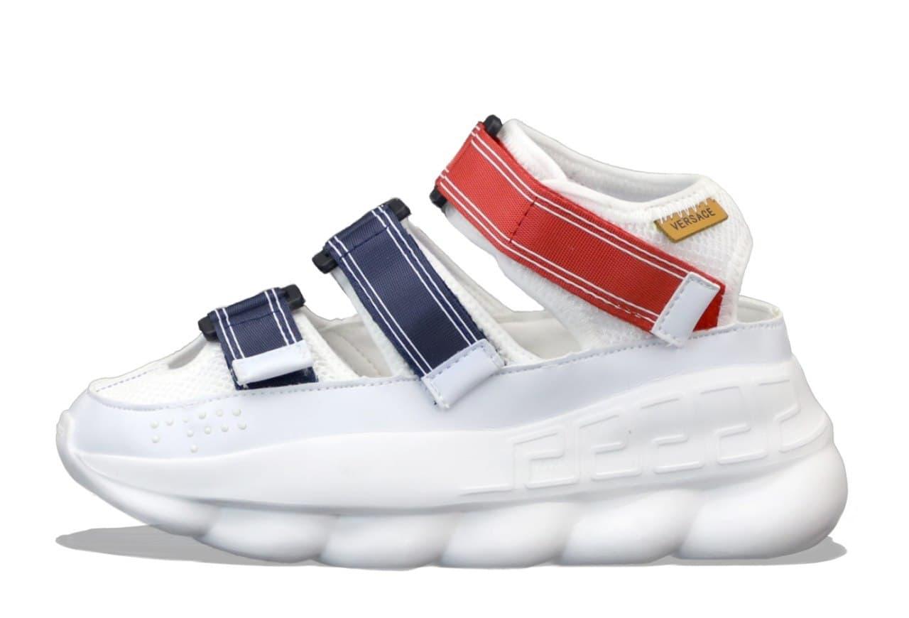 Женские сандалии Versace Chain Reaction (белые с синим и красным) К12234 стильная обувь на липучке