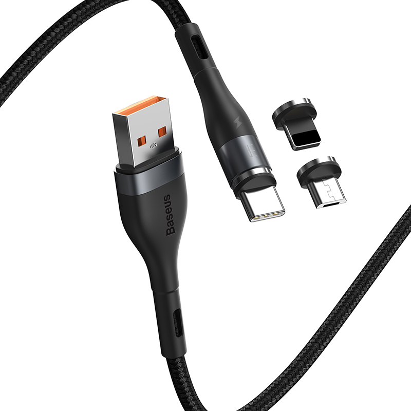 Кабель 3в1 магнітний для зарядки телефону Baseus Combo MicroUSB+Type-C+Lightning |100см 3A| Чорний
