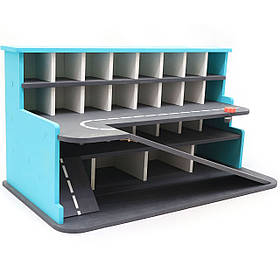 Дерев'яна іграшкова парковка-гараж для машин, бірюзова, 65х35х35 см, на 28 машинок