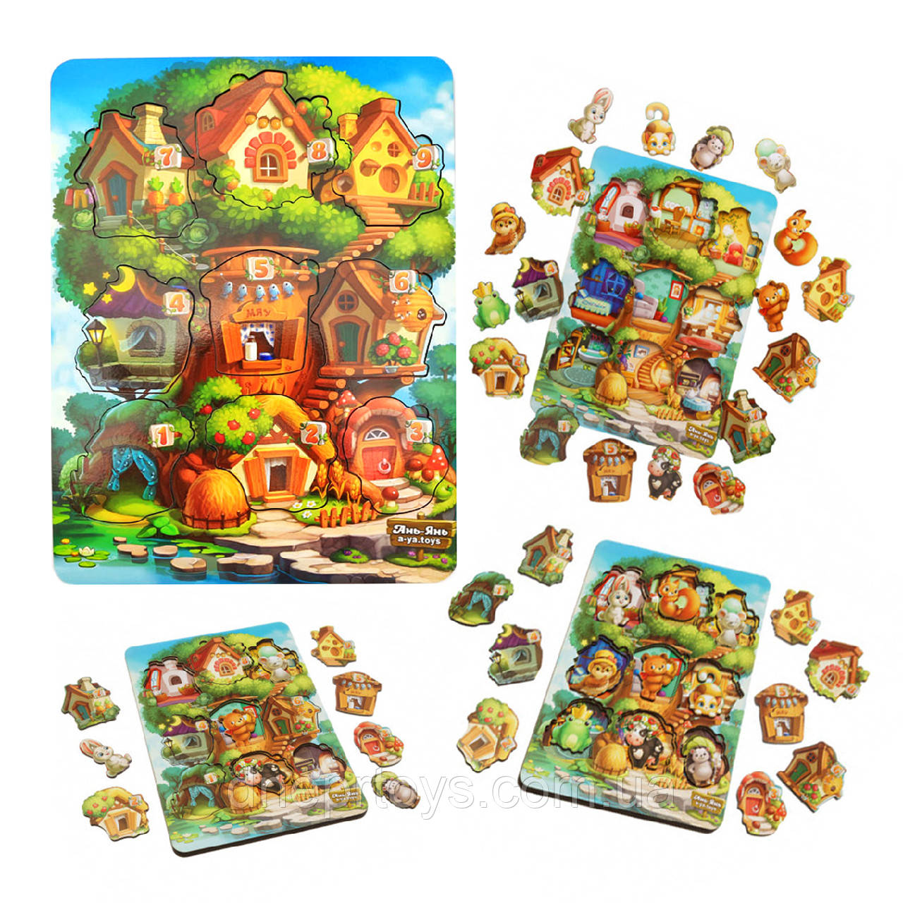 Гра пазл сортер вкладиш «Де чий будиночок на дереві?», Дерев'яна іграшка, Ань-Янь, 32 * 23 * 1 см, від 3 років, (ПСД172), фото 1