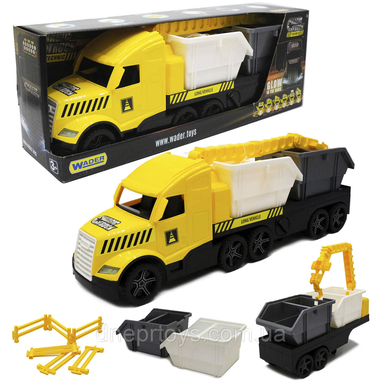 Машинка «Вантажівка з будівельними контейнерами» Wader Magic truck Technic жовта 78 * 27 * 18 см (36470)