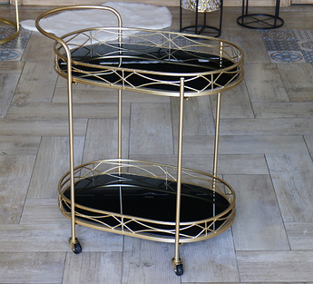 Сервірувальний столик золотий на колесах з металу з чорною скляною стільницею 50158A