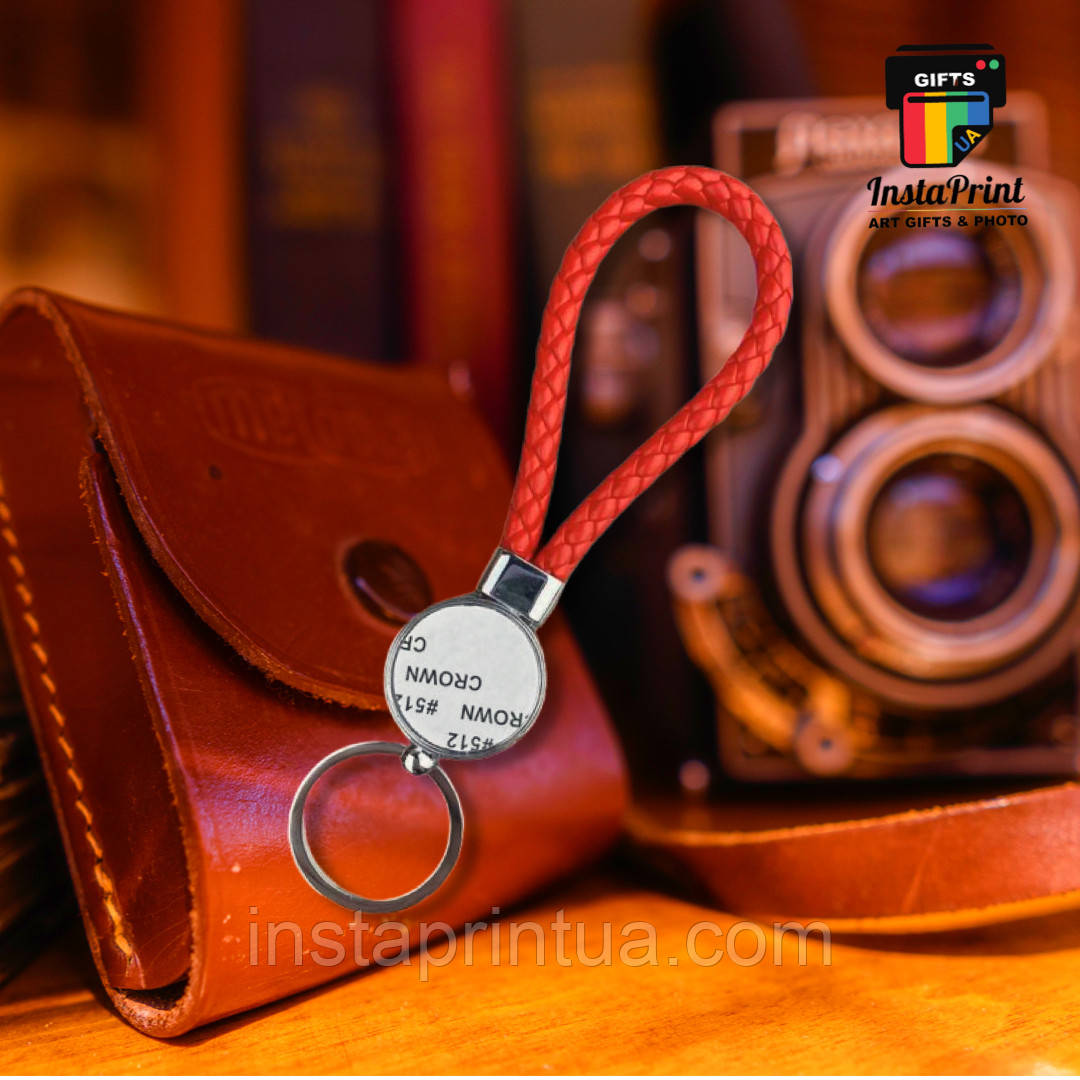 Брелок круглий із червоним шкіряним плетеним шнурком + друк, фото 1