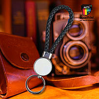 Брелок круглий двосторонній із чорним шкіряним плетеним шнурком + друк фото/ картинка/фотфор/текст
