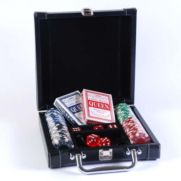 Покерний набір у чорному шкіряному кейсі на 100 фішок, без номіналу, 4 г (арт DL100)