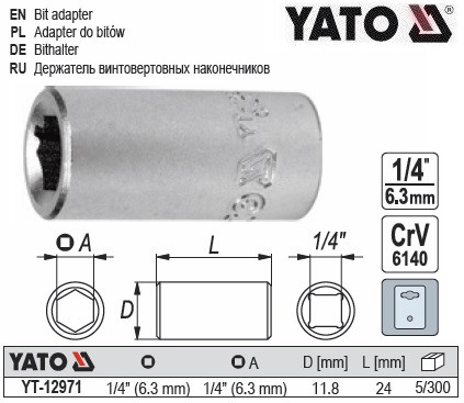 Переходник для насадок викруткових YATO перехідник 1/4" HEX- 1/4" YT-12971
