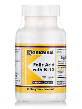 Фолієва кислота з B-12-гіпоалергенна, Folic Acid with B-12 — Hypoallergenic, Kirkman labs, 200 капсул