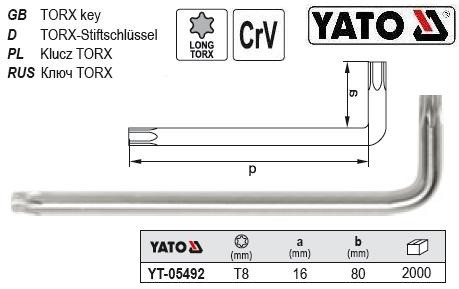 Ключ TORX Г-образний CrV Т8 16х80 мм YATO-05492