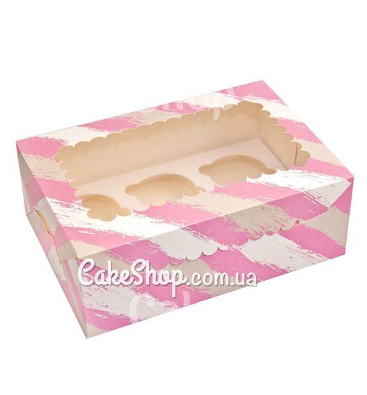 Коробка на 6 кексів, мафінів, капкейків з ажурним вікном Рожева смуга