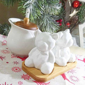 Набір для спецій Ведмедики з білого фарфору + бамбук Naturel