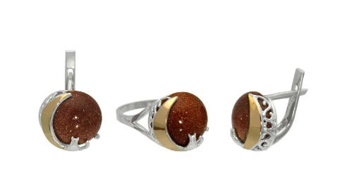 Срібний набір з золотими накладками "Місячне світло" авантюрин золотий пісок DARIY 089-19