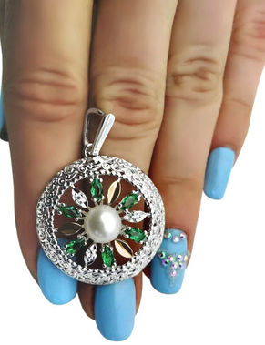 Срібний кулон фортуни з золотими вставками із зеленими кубічними зонами та природними річковими перлами DARIY 034кул-1107, фото 3