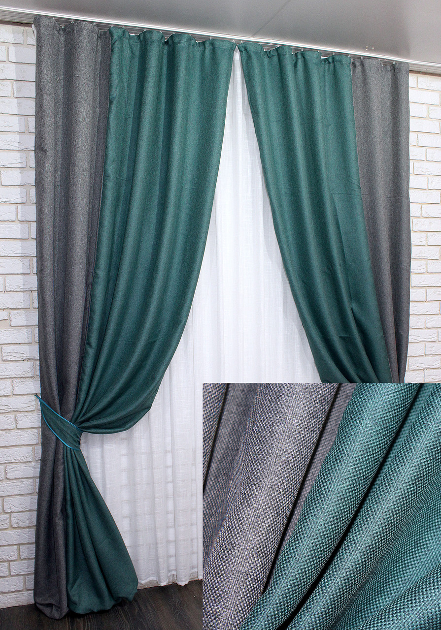 Комбіновані (2шт. 1,4х2,7м.) штори з тканини льон-блекаут. Колір бірюзовий з сірим. Код 014дк (511-288ш) 10-350, фото 1