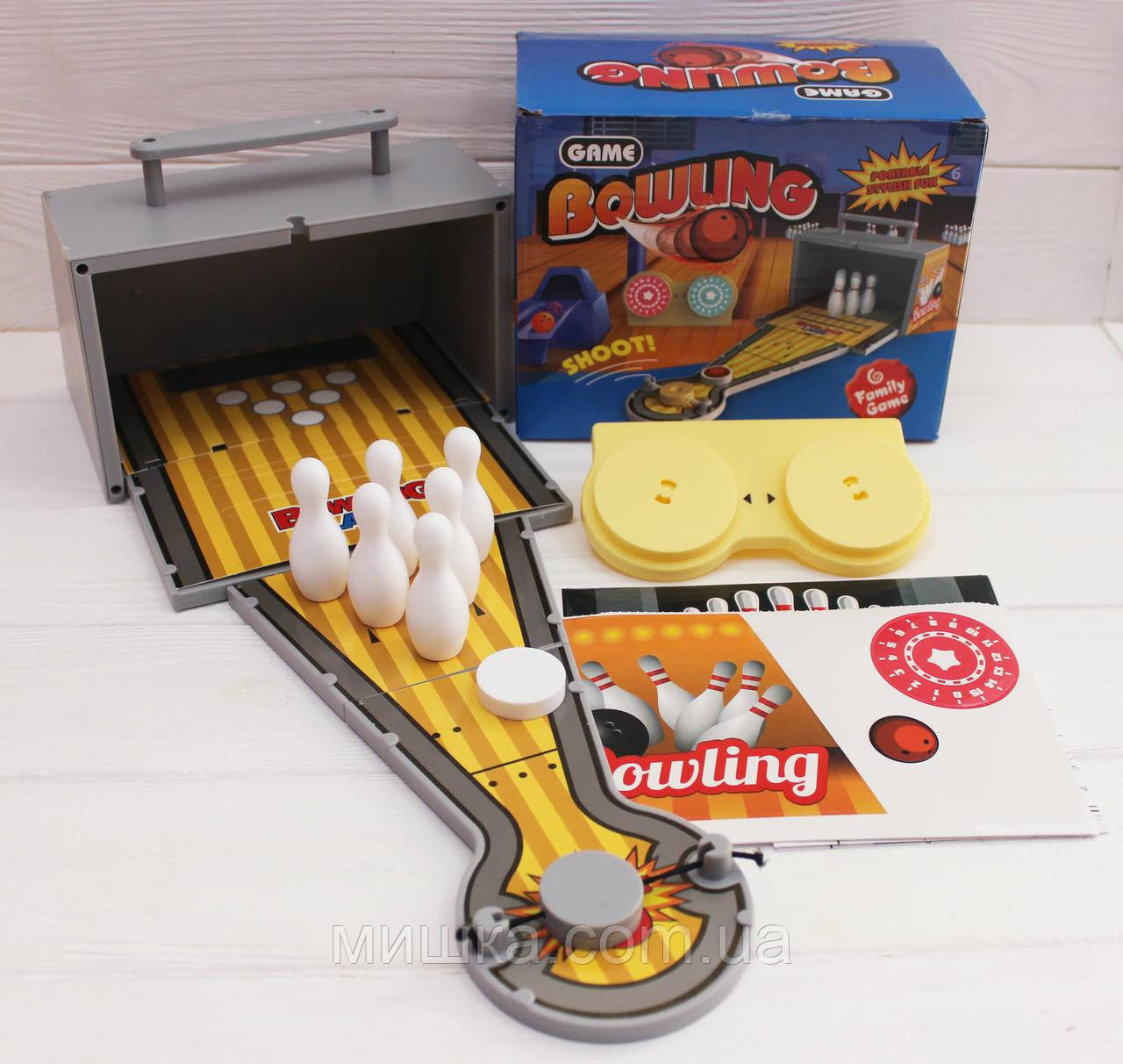 Настільний дитячий боулінг 977-61, кеглі, запускалка, шайба, наклейки, фото 1