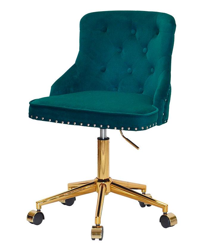 Стілець Olimp GD-Modern Office зелений 1003 велюр на золотій хрестовині модерн із колесами, фото 1