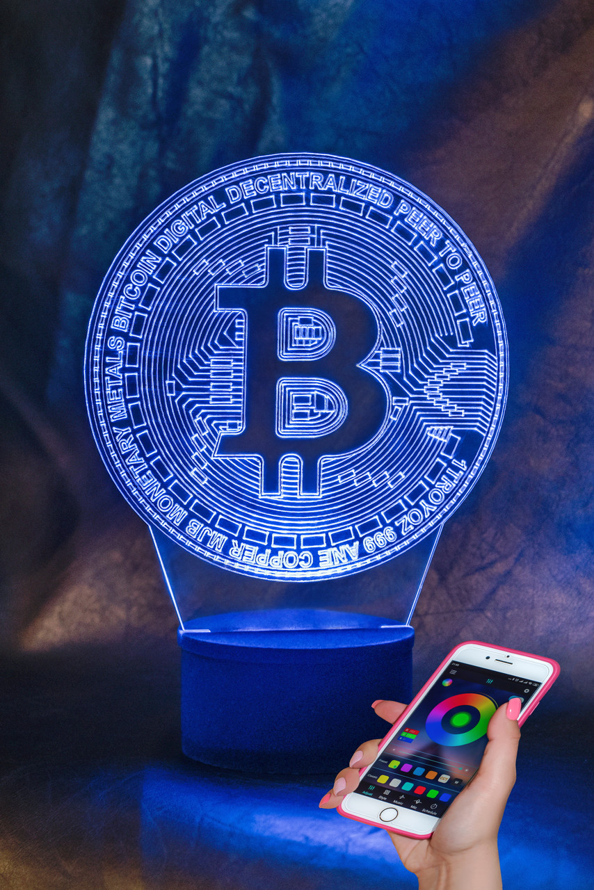 3d-світильник Биткоин bitcoin, 3д-нічник, кілька підсвічувань (bluetooth), фото 1