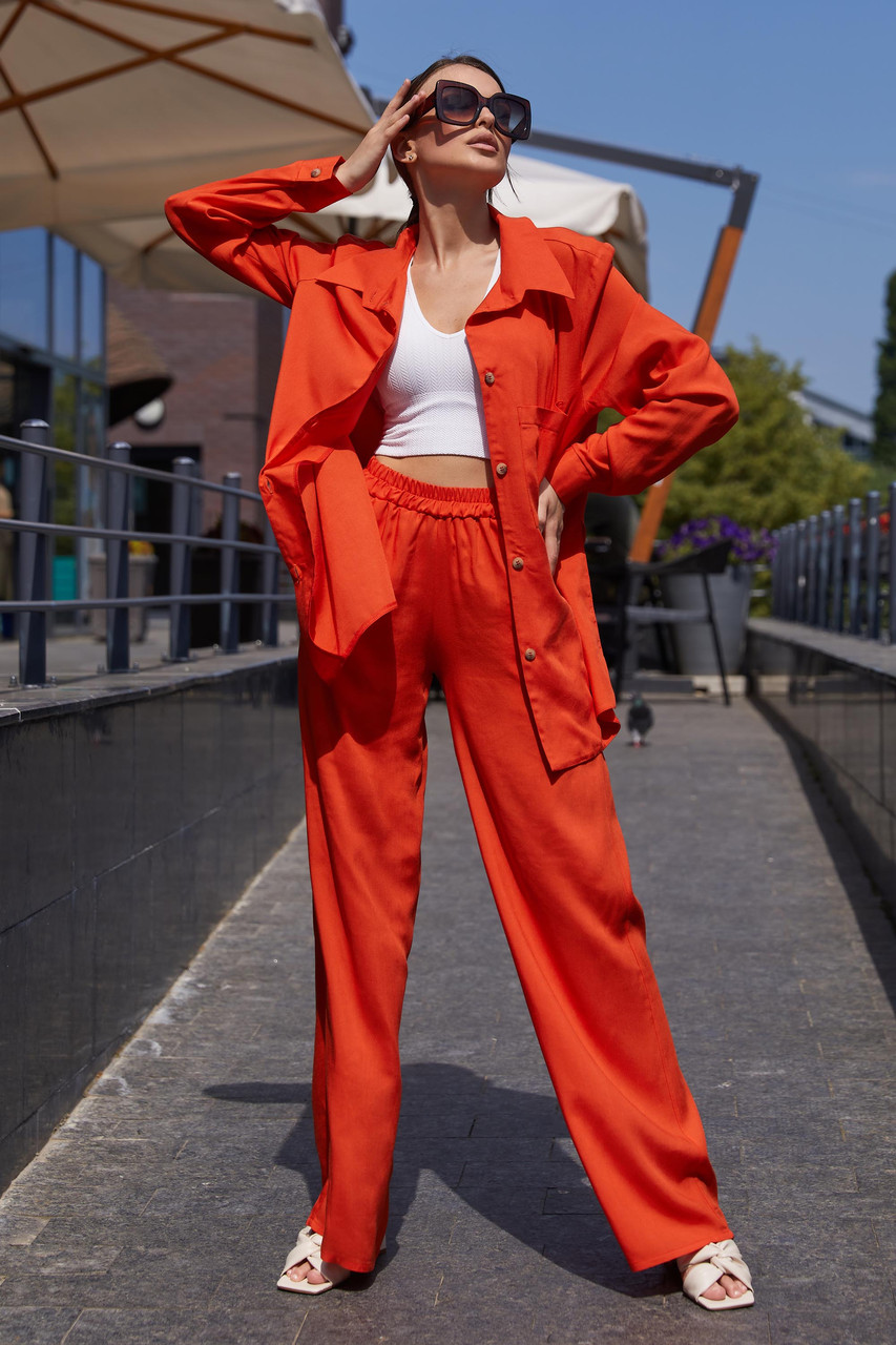 Яскравий літній легкий брючний оранжевий жіночий костюм Кемер 42 44 46 48 розміри