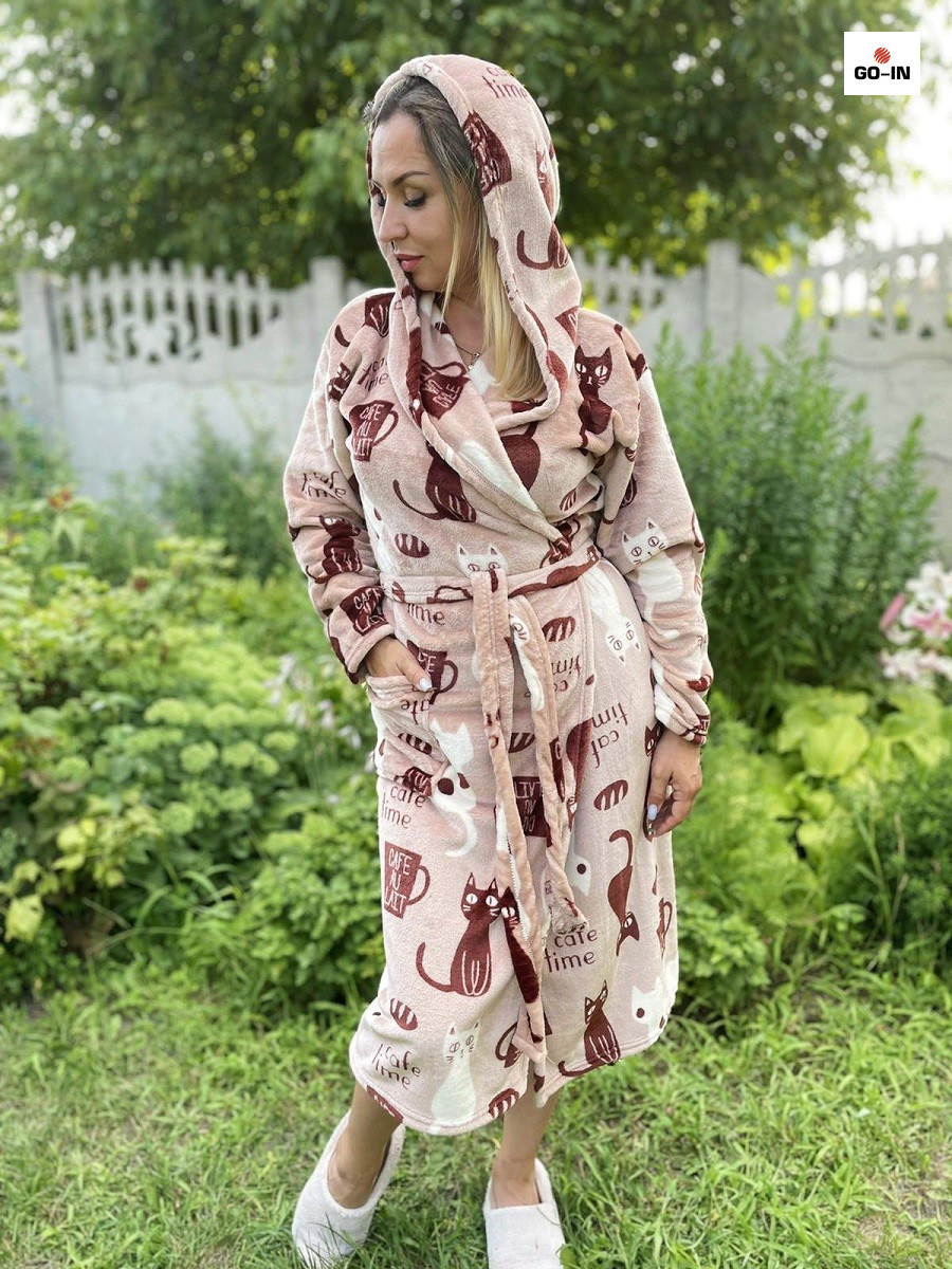 Жіночий довгий теплий халат махровий на запах із капюшоном кавовий р.48-54