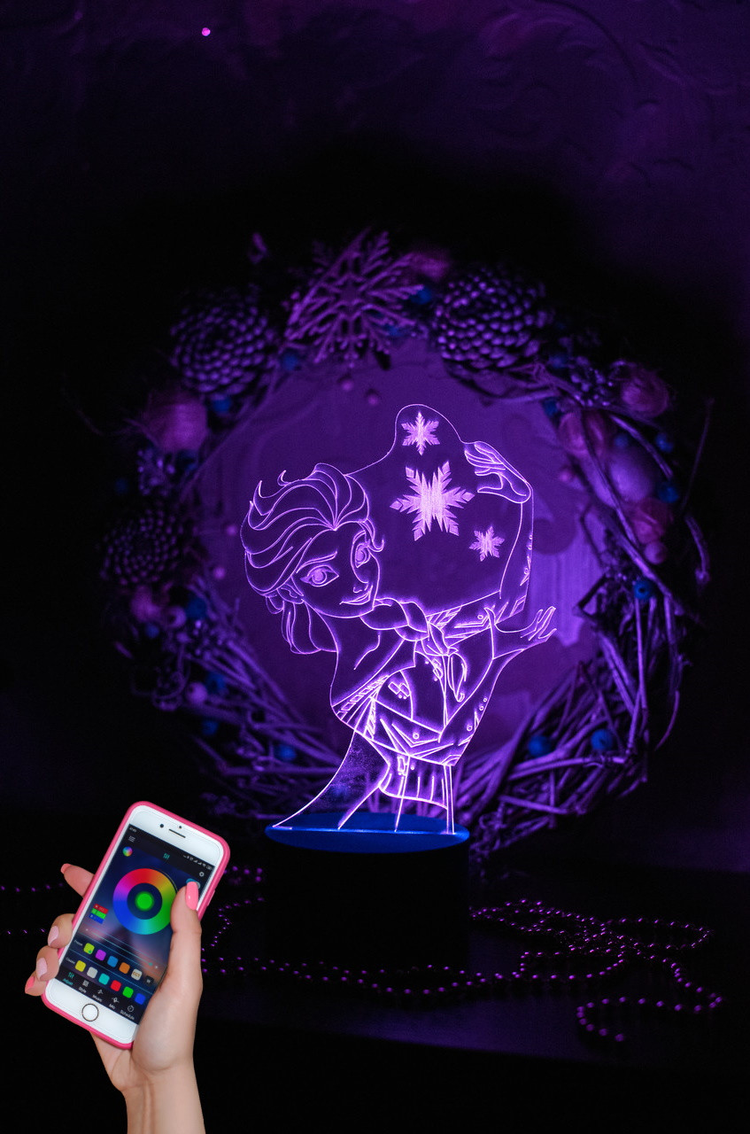 3d-світильник Ельза Frozen, 3д-нічник, кілька підсвічувань (bluetooth), подарунок маленькій дівчинці, фото 1