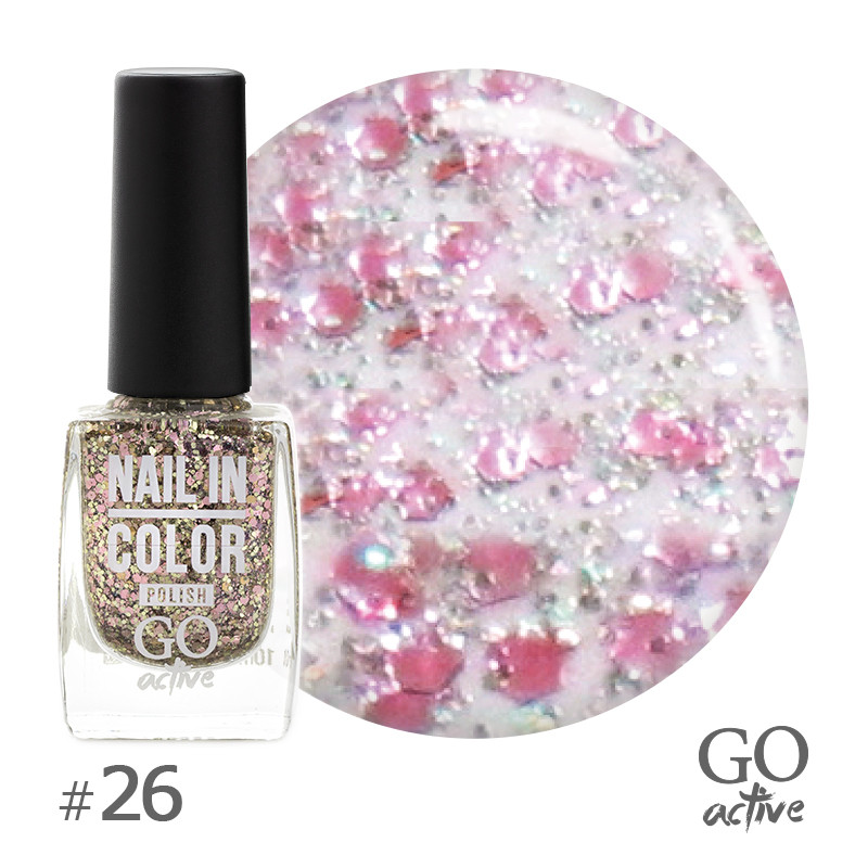 Лак для нігтів GO Active Nail in Color №26 Рожево-сріблясті блискітки на прозорій основі 10 мл